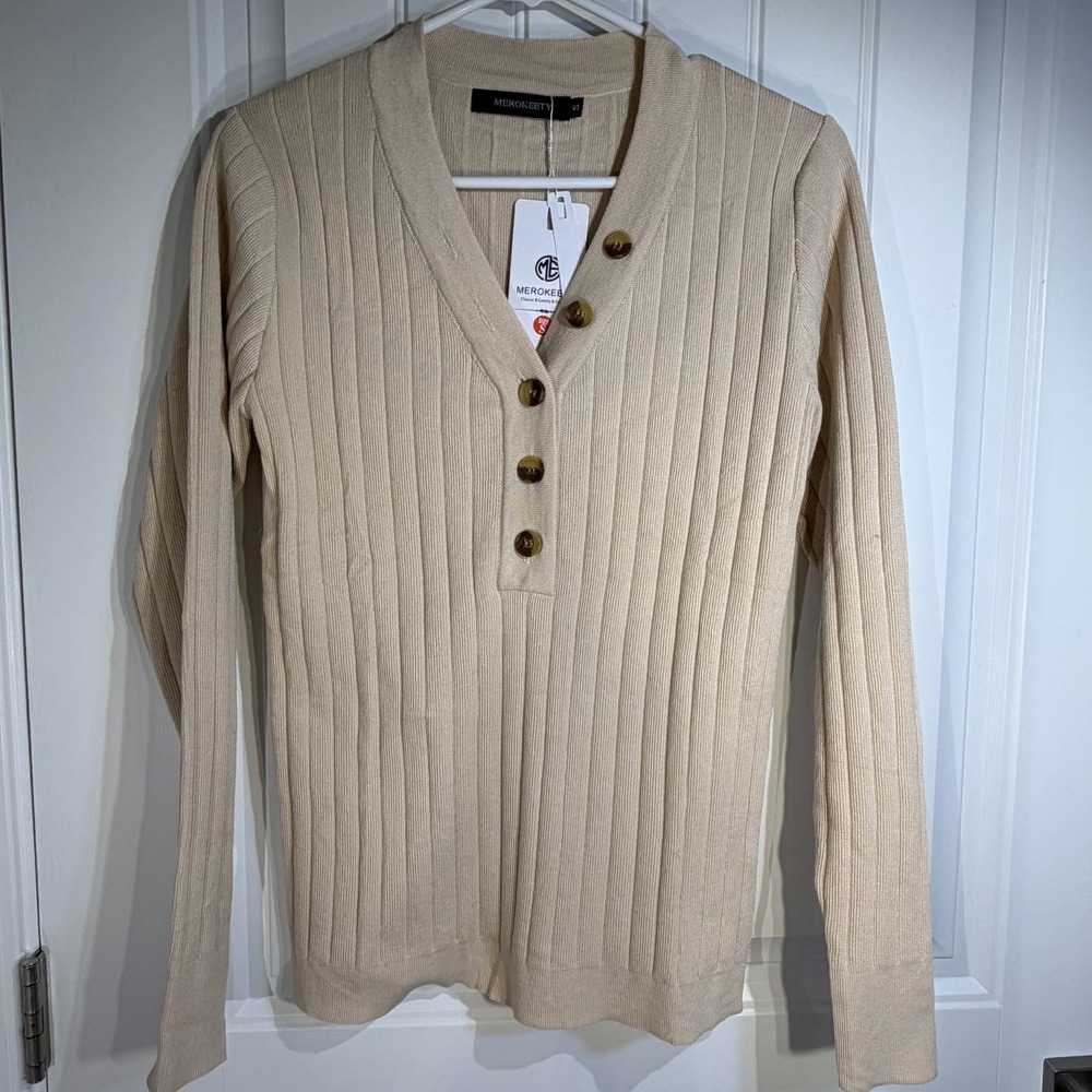Merokeety Beige Ribbed Knit Henley Sweater Button Front Women's Small